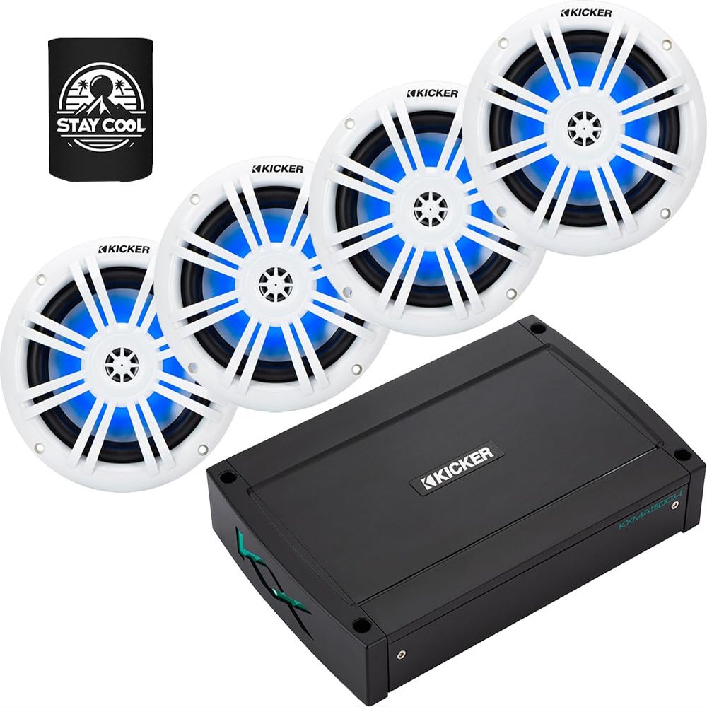 KICKER Amp and Speakers Package of 3 Items 500W 4-Channel Marine Amplifier with 6-1/2" 2-Way LED Speakers White (2 Pairs) 48KXMA500.4+51KM604WL(2)