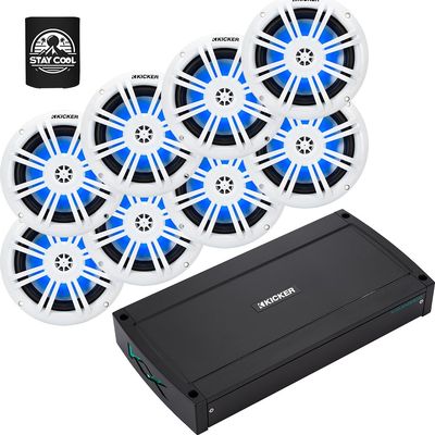 KICKER Amp and Speakers Package of 5 Items 800W 8-Channel Marine Amplifier with 6-1/2" 2-Way LED Speakers White (4 Pairs) 48KXMA800.8+51KM604WL(4)