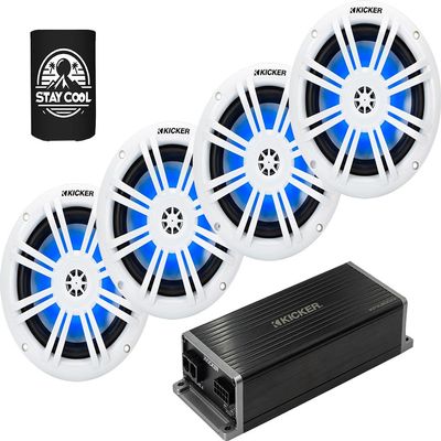 KICKER Amp and Speakers Package of 3 Items 300W 4-Channel Compact Amplifier with 6-1/2" 2-Way LED Speakers White (2 Pairs) 51KPX300.4+51KM604WL