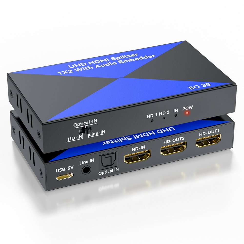 HDMI Audio Embedder with HDMI Splitter 1x2, Digital Analog (Optical/3.5mm) Audio Inserter, HDMI 2.0, HDCP 2.2, Mirror Screen, 4K, for PS4/5, Blu-ray Player, HDTV, PC
