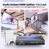 HDMI Audio Embedder with HDMI Splitter 1x2, Digital Analog (Optical/3.5mm) Audio Inserter, HDMI 2.0, HDCP 2.2, Mirror Screen, 4K, for PS4/5, Blu-ray Player, HDTV, PC view 3