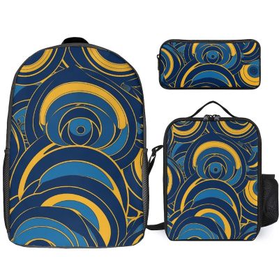 Blue And Yellow Pattern Backpack Combo: Lightweight 17" Laptop Backpack, Insulated Lunch Bag, Large Capacity Pencil Case | Ergonomic Design | Office, Travel Essentials