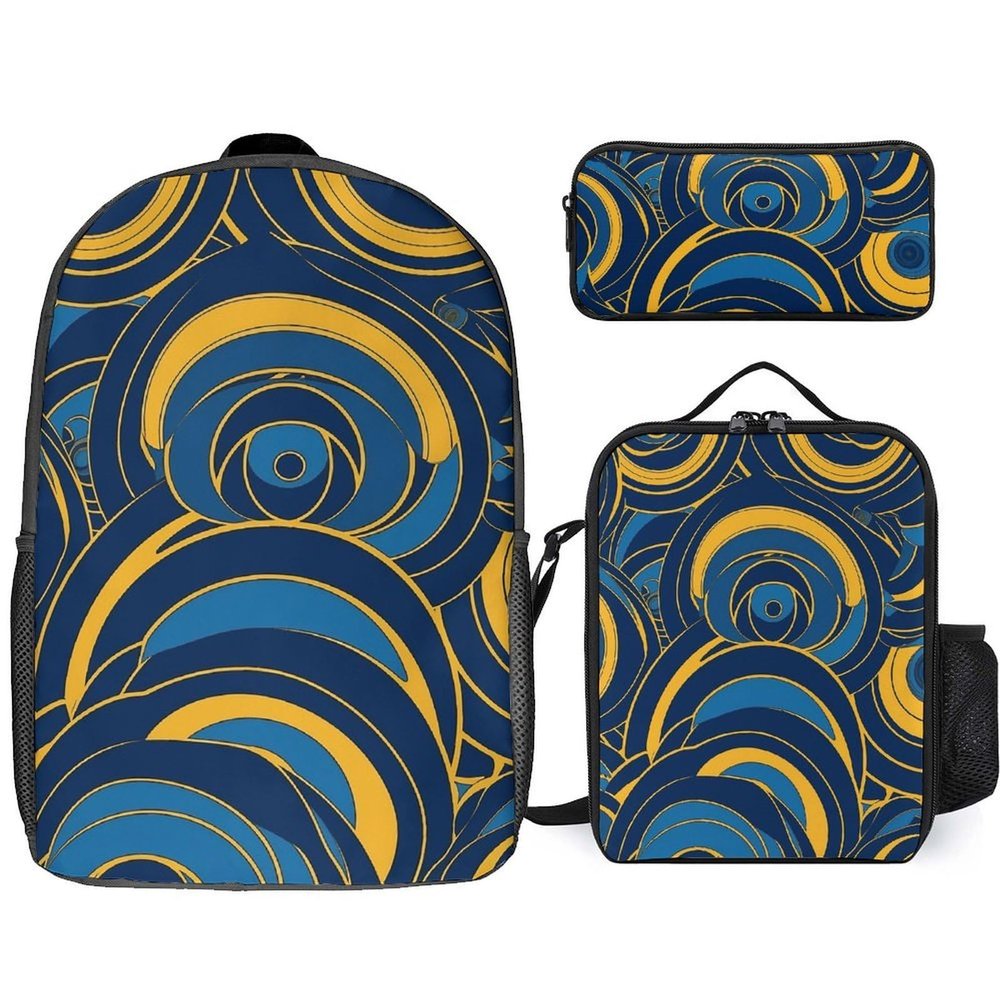 Blue And Yellow Pattern Backpack Combo: Lightweight 17" Laptop Backpack, Insulated Lunch Bag, Large Capacity Pencil Case | Ergonomic Design | Office, Travel Essentials