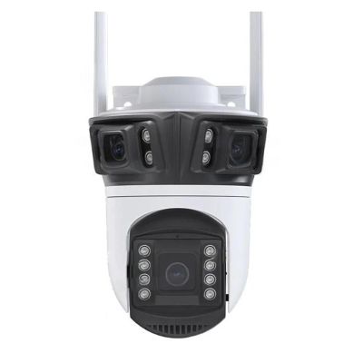 LNBBEQ WiFi Three Len Outdoor Security Camera PTZ IP 5X Zoom Surveillance Cam Three Screen Protection Real-Time Auto Track Motion(UK Plug,1MP 1MP 1MP-no Card)