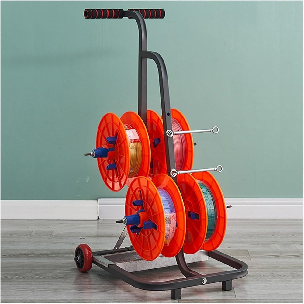 Cold Rolled Steel Wire Spool Cart With Storage Tray, Cable Pay-Off Stand With 4 Reels, Commercial Industrial Grade Wire Dispenser