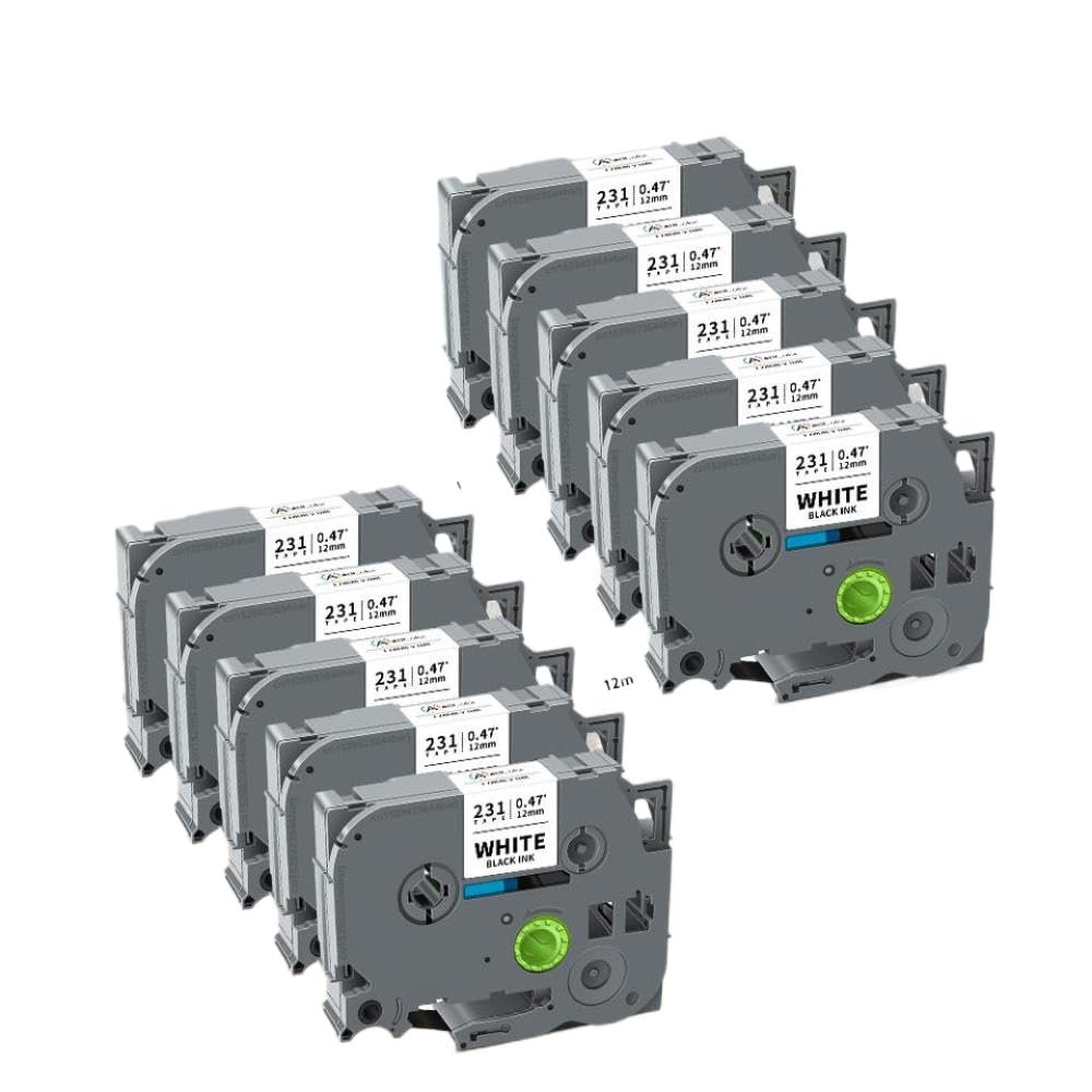 10Pcs 12mm Tze Label Tape 231 Compatible with Label Printer PTH110 Works with Tze231 Tze 231 Tze631 Label Tapes(10PK Black on White)