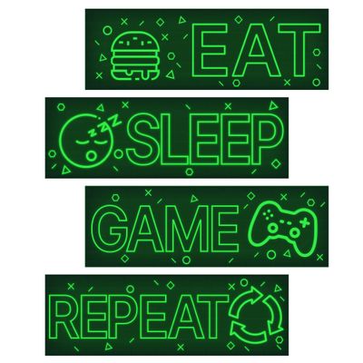 4 Pcs Glow in The Dark Neon Game Wall Stickers, Boys Gamer Room Wall Decals, EAT Sleep Game Repeat Gaming Wall Art Sticker, Kids Bedroom PlayRoom Nursery Party Decoration (Green)