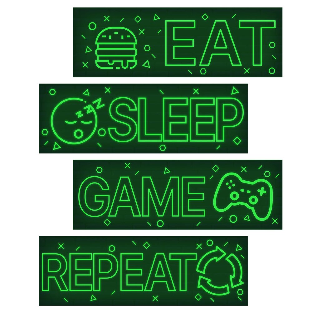 4 Pcs Glow in The Dark Neon Game Wall Stickers, Boys Gamer Room Wall Decals, EAT Sleep Game Repeat Gaming Wall Art Sticker, Kids Bedroom PlayRoom Nursery Party Decoration (Green)