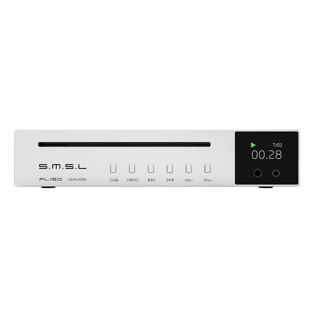 SMSL PL150 CD Player,Compatible with Standard CD,MP3 CD.Supports RCA,3.5mm+4.4mm Headphones,Optical,Coaxial Output Interface,CS43198 DAC Chip,Auitable for Laptops and Computers and Car (Silvery)