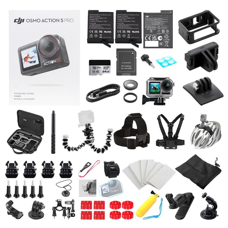 DJI Osmo Action 5 Pro Standard Combo with Multi-Accessory in One Kit, 4K/120fps UHD Waterproof Action Camera with 64G Card and 2 Extra Batteries, Recording with Image Stabilizing for Sports/Vlogging