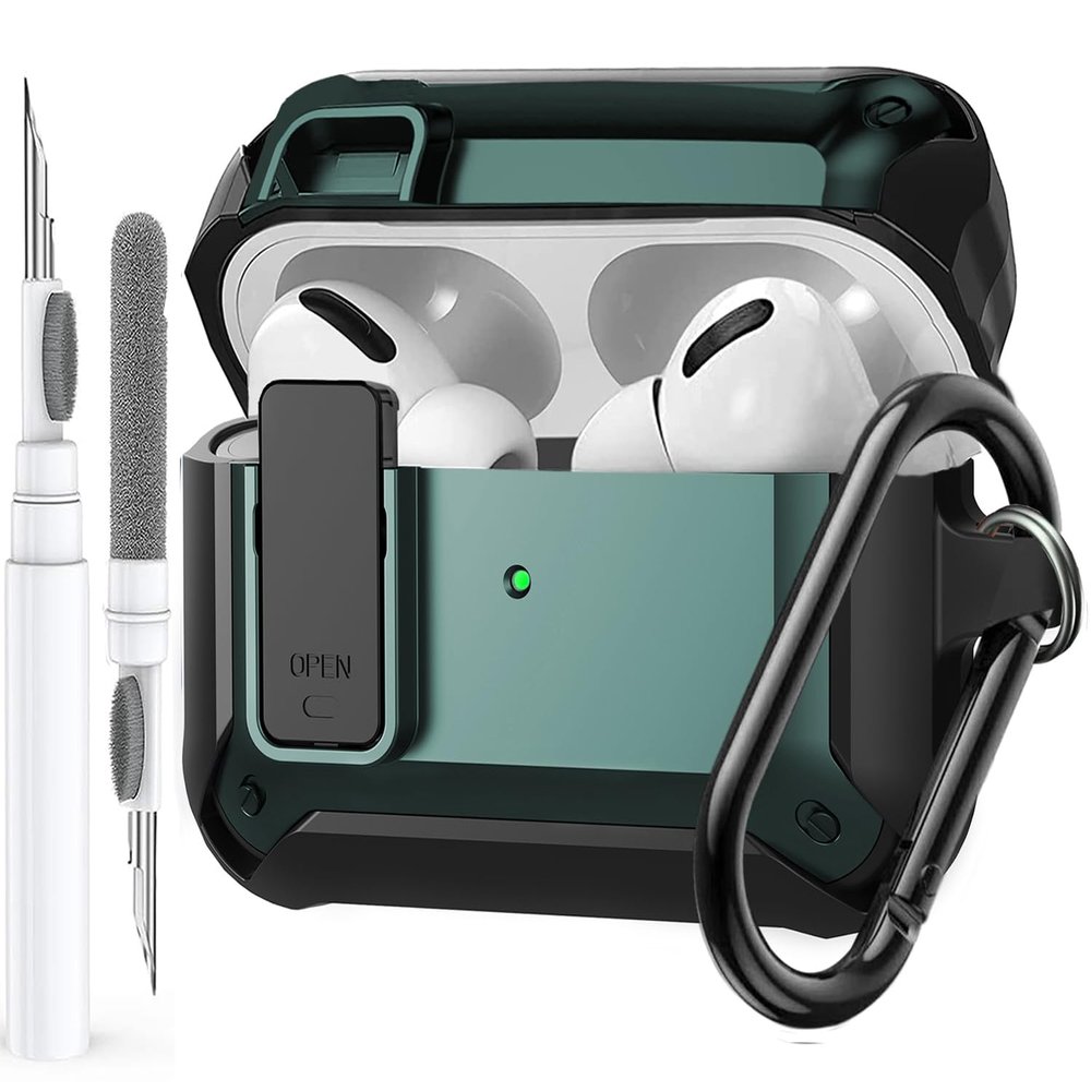 Olytop for Airpods Pro 3 Case with Lock Clip, Rugged Apple Airpods Pro 3rd Generation Cover 2025 Men Women, Armor Shockproof iPod Pro3 Gen Protective Hard Shell with Carabiner&Cleaner kit,Black/Green