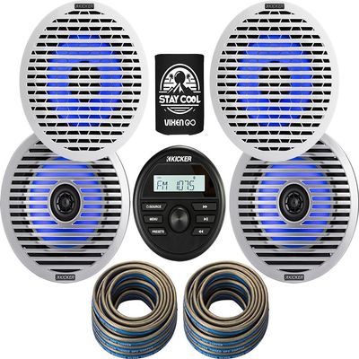 KICKER Marine Receiver and Speakers Package of 5 Items - in-Dash KM Series Digital Media Receiver, Four 6-1/2" LED Speakers & 12AWG Speaker Wire 40FT - Stereo Kit - 46KMC2, 2X 51KM614FL & 2X 46QW1220