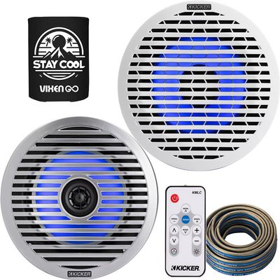 KICKER Speakers and Remote Package of 3 Items - 6.5" KM Series LED Marine Speakers for Boat with White and Silver Grilles, Remote Control and Speaker Wire (20FT) 4-ohm - 51KM614FL, 41KMLC & 46QW1220