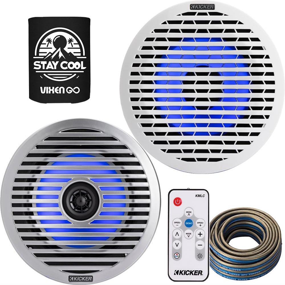 KICKER Speakers and Remote Package of 3 Items - 6.5" KM Series LED Marine Speakers for Boat with White and Silver Grilles, Remote Control and Speaker Wire (20FT) 4-ohm - 51KM614FL, 41KMLC & 46QW1220