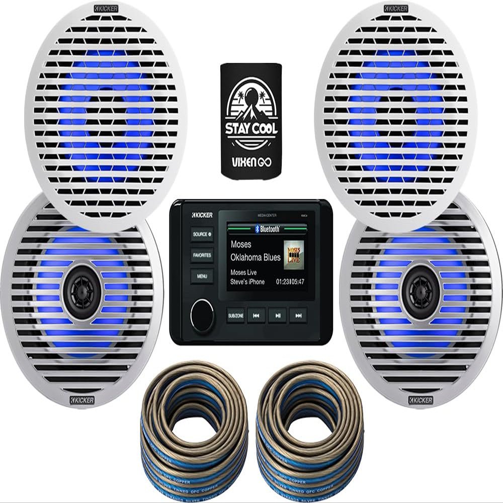 KICKER Marine Receiver and Speakers Package of 5 Items - in-Dash KM Series Digital Media Receiver, Four 6-1/2" LED Speakers & 12AWG Speaker Wire 40FT - Stereo Kit - 51KMC4, 2X 51KM614FL & 2X 46QW1220