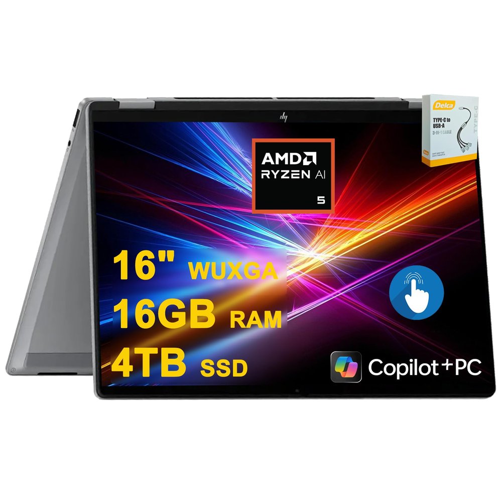 HP OmniBook X Flip Copilot+ AI PC 2-in-1 Laptop | 16" WUXGA Touch (400nits) | AMD 6-core Ryzen AI 5 340 (Up to 50 Tops) | 16GB DDR5 4TB SSD | Backlit 5MP IR Privacy Camera Win11Pro w/DLCA Accessory