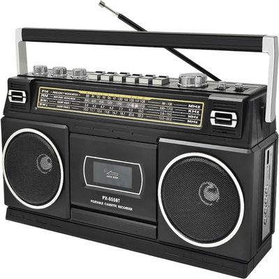 Cassette Player Boombox with Bluetooth, AM/FM/SW Radio & Record to USB, 24W Stereo Sound, 4 Power Modes, Portable Retro Stereo for Indoor Outdoor, Classic Black