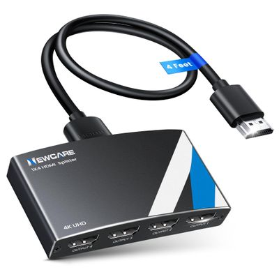 4K HDMI Splitter 1 in 4 Out [ with 4 Ft HDMI 2.0 Cable and Power Adapter], Aluminum Alloy 4Kx2K@30Hz 14 Power HDMI Splitter Mirror 1 Source Screen to 4 Monitors/TV, Full HD Distributor for Roku TV