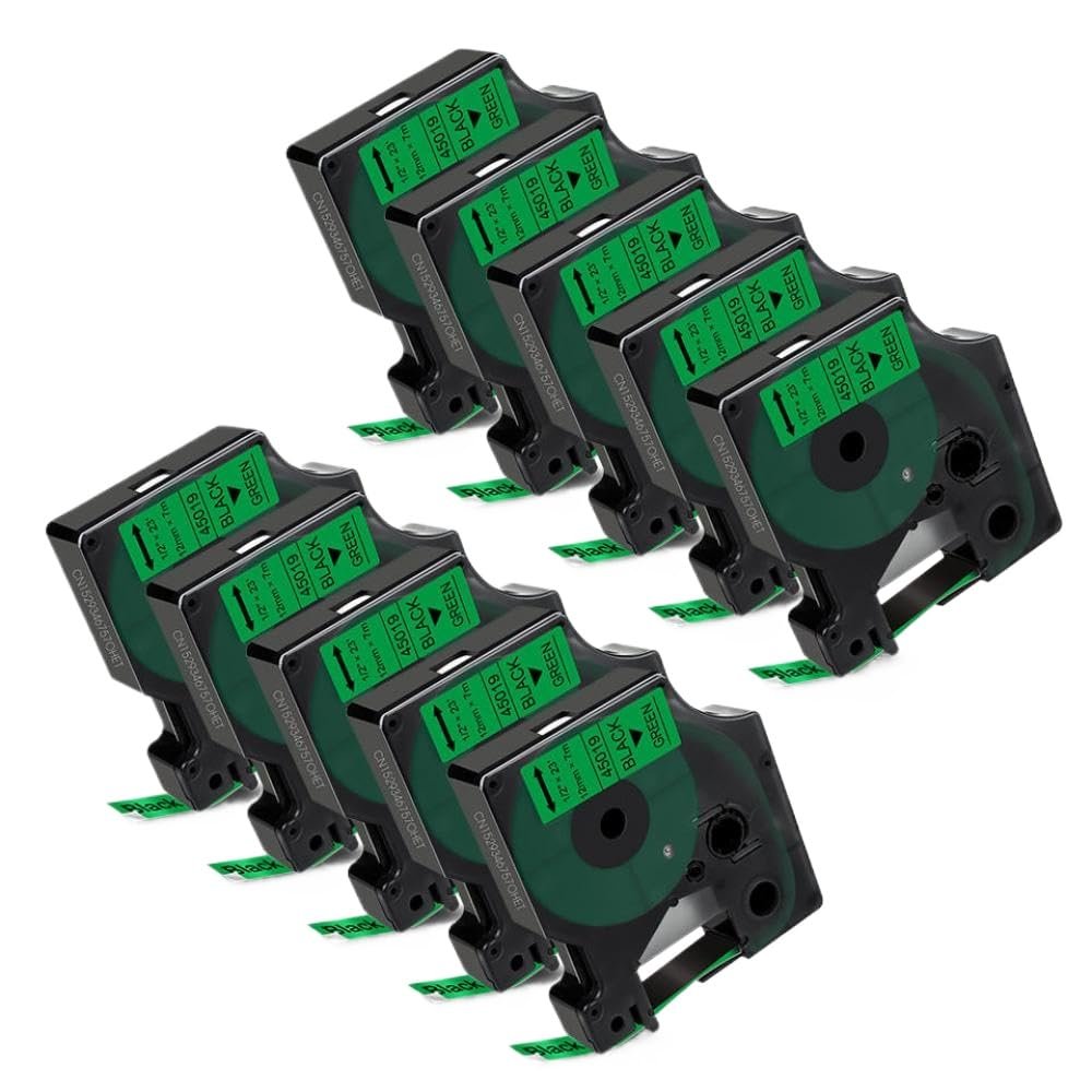12mm 5/10PK Compatible Label Tape for D1 45013 45010 45018 Works with Labeling Machine LabelManager LM160 LM420P(10PK Black on Green)