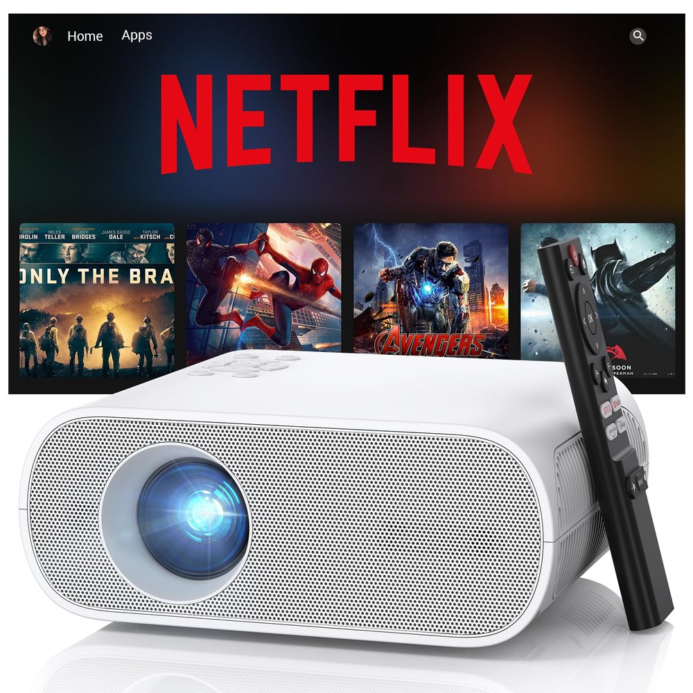 1500 ANSI Official Licensed Smart Projector, Compatible with Netflix, HOMPOW 4K Full HD Home Theater Projector with WiFi and Bluetooth, Built-in Apps, Electric Focus Outdoor & Indoor Movie Projector