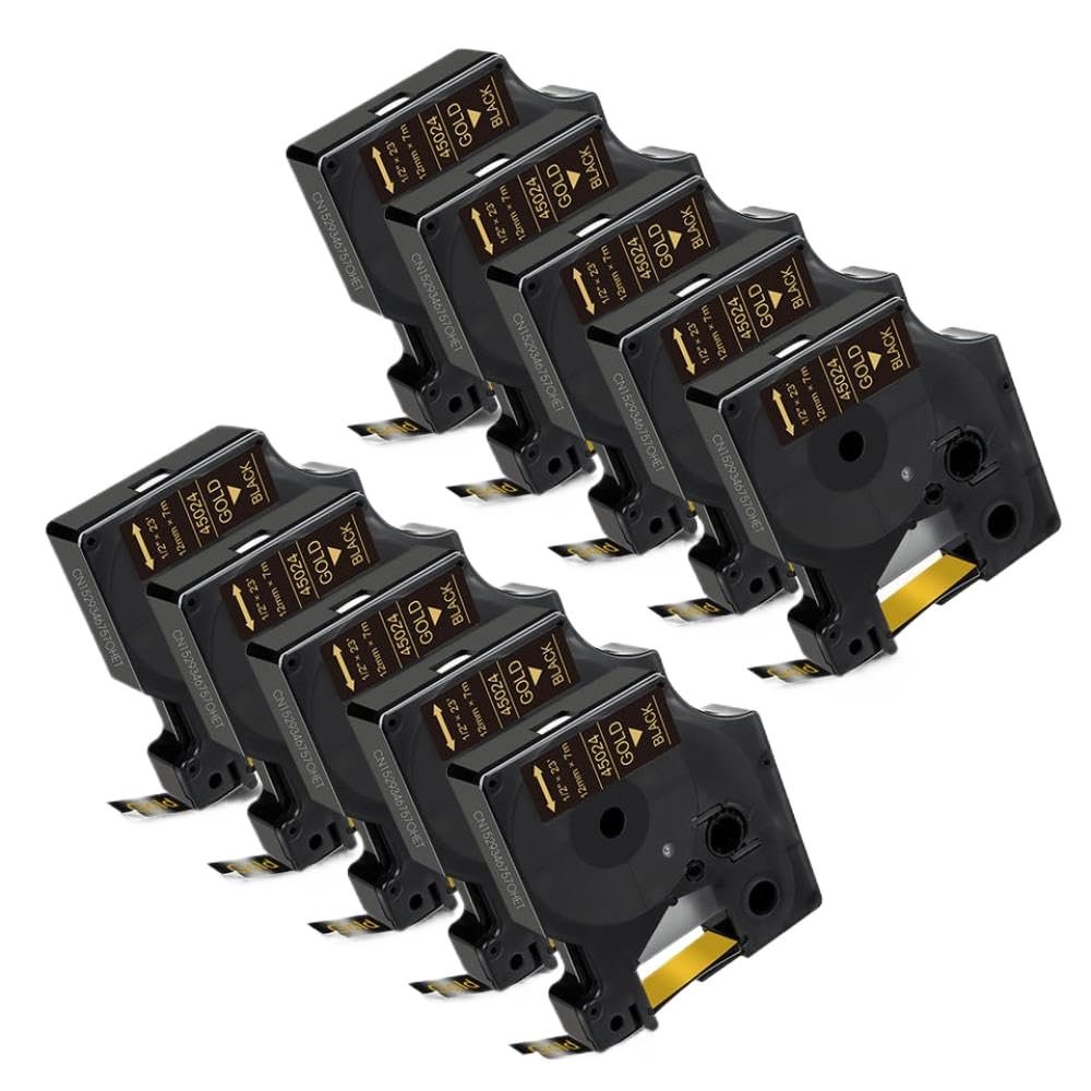 12mm 5/10PK Compatible Label Tape for D1 45013 45010 45018 Works with Labeling Machine LabelManager LM160 LM420P(10PK Gold on Black)