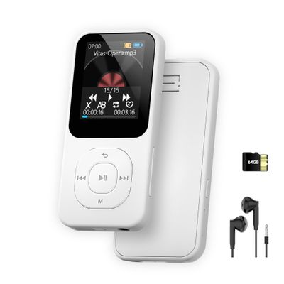 64GB MP3 Player with Bluetooth 5.3-30Hrs Music Playtime, PECSU Portable Music Player for Sports Runners with HD Speaker, Voice Recorder, FM Radio, E-Book, Timer Off, Expandable Up to 256GB (White)