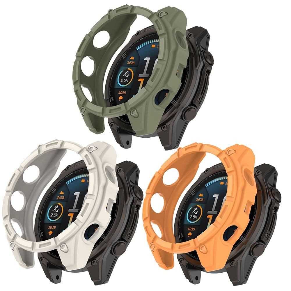 3 Pack Rugged Armor Cases Compatible with Garmin Quatix 8 51mm, Soft TPU Silicone Protector Shell Protected Case Shockproof Bumper for Garmin Quatix 8 51mm Cover (Beige/Green/Orange)