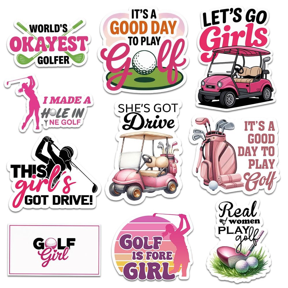 (10 Pcs) Pink Women Golf Stickers, Cute Pink Golf Cart & Girl Golfer Decals, Waterproof Vinyl for Laptop, Tumbler, Car, Gift for Women & Teen Girls (3 inches)