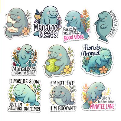 (10 Pcs) Funny Manatee Stickers for Water Bottle, Laptop, Journal, Cute Sea Cow Vinyl Decals for Ocean Animal Lovers, Florida Mermaid Gift for Women Men Couple on Beach Trip (3 inches)