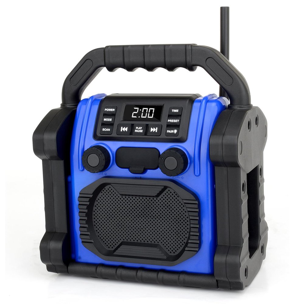Jobsite Radio Speaker, 30w Ipx 66 Waterproof Fm Clock Radio Portable with LED Lights, Anticollision Fm Radios for Constrution Site/Outdoor/Fishing/Party/Camping (Blue)