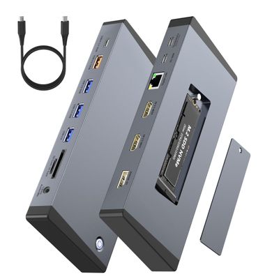 Laptop Docking Station 3 Monitors for Dell/HP/Lenovo/Mac, 15 in 1 USB C Docking Station Dual Monitor with M.2 NVMe SSD Slot, 4K@60Hz Triple Display Dock with HDMI/Displayport/PD/LAN/SD/TF/10Gbps USB
