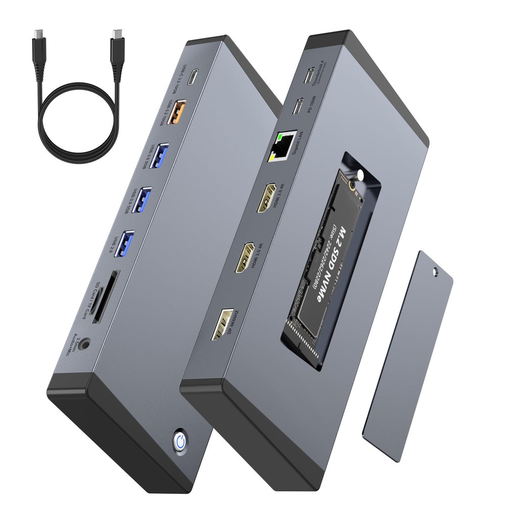 Laptop Docking Station 3 Monitors for Dell/HP/Lenovo/Mac, 15 in 1 USB C Docking Station Dual Monitor with M.2 NVMe SSD Slot, 4K@60Hz Triple Display Dock with HDMI/Displayport/PD/LAN/SD/TF/10Gbps USB