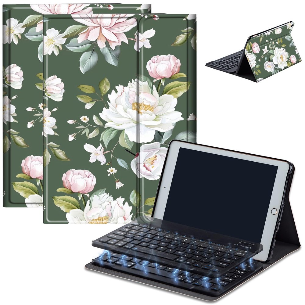 Bluetooth Keyboard Case for Fire HD 10 (13th/11th Gen, 2023/2021), Detachable Wireless Keyboard Cover with Stand, PU Leather Protective Case for Fire HD 10 Tablet 10.1 Inch, White Rose