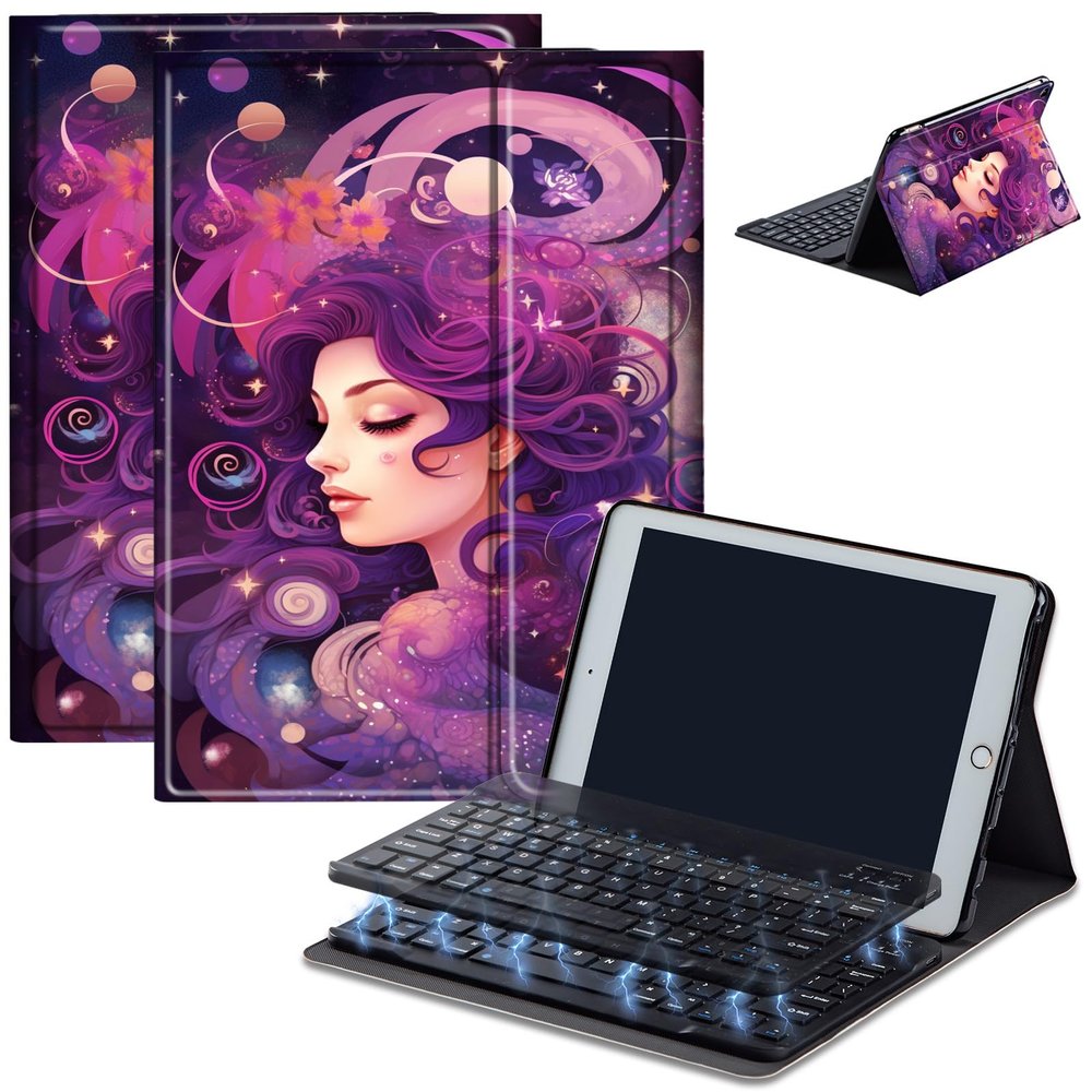 Bluetooth Keyboard Case for Fire HD 10 (13th/11th Gen, 2023/2021), Detachable Wireless Keyboard Cover with Stand, PU Leather Protective Case for Fire HD 10 Tablet 10.1 Inch, Purple Beautiful Girl