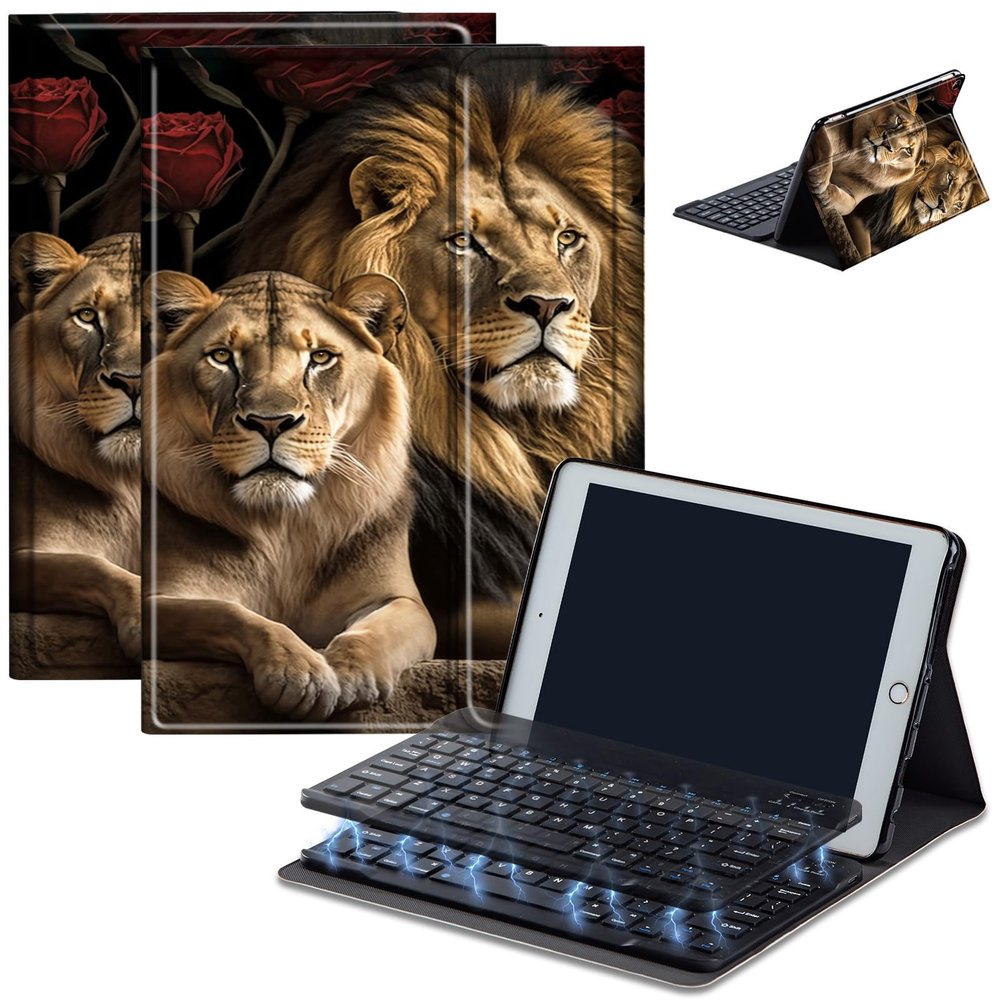 Bluetooth Keyboard Case for Fire HD 10 (13th/11th Gen, 2023/2021), Detachable Wireless Keyboard Cover with Stand, PU Leather Protective Case for Fire HD 10 Tablet 10.1 Inch, Lion Love