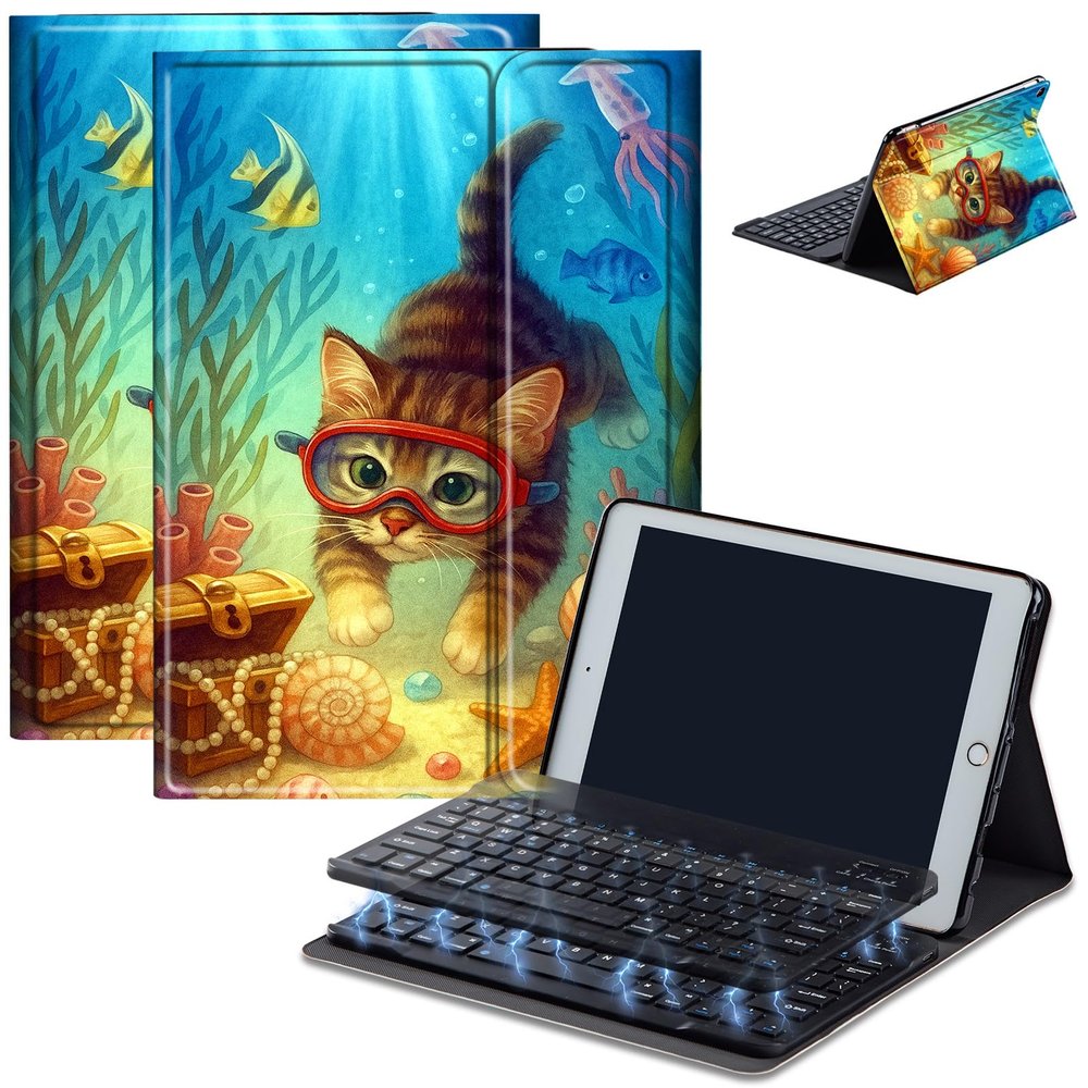 Bluetooth Keyboard Case for Fire HD 10 (13th/11th Gen, 2023/2021), Detachable Wireless Keyboard Cover with Stand, PU Leather Protective Case for Fire HD 10 Tablet 10.1 Inch, Undersea Treasure Cat
