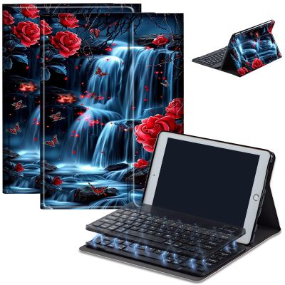 Bluetooth Keyboard Case for Fire HD 10 (13th/11th Gen, 2023/2021), Detachable Wireless Keyboard Cover with Stand, PU Leather Protective Case for Fire HD 10 Tablet 10.1 Inch, Red Rose Waterfall