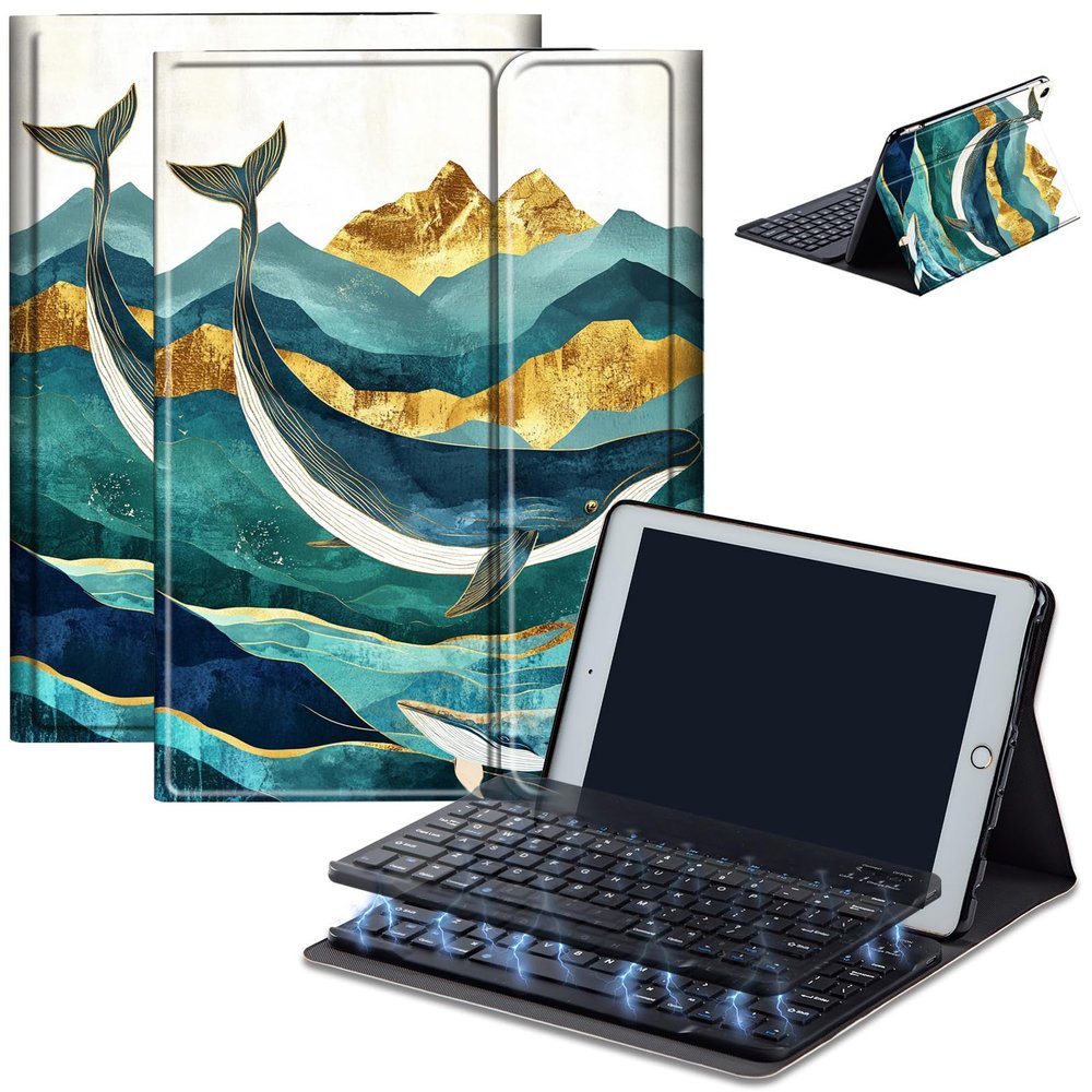 Bluetooth Keyboard Case for Fire HD 10 (13th/11th Gen, 2023/2021), Detachable Wireless Keyboard Cover with Stand, PU Leather Protective Case for Fire HD 10 Tablet 10.1 Inch, Whale Mountain Range