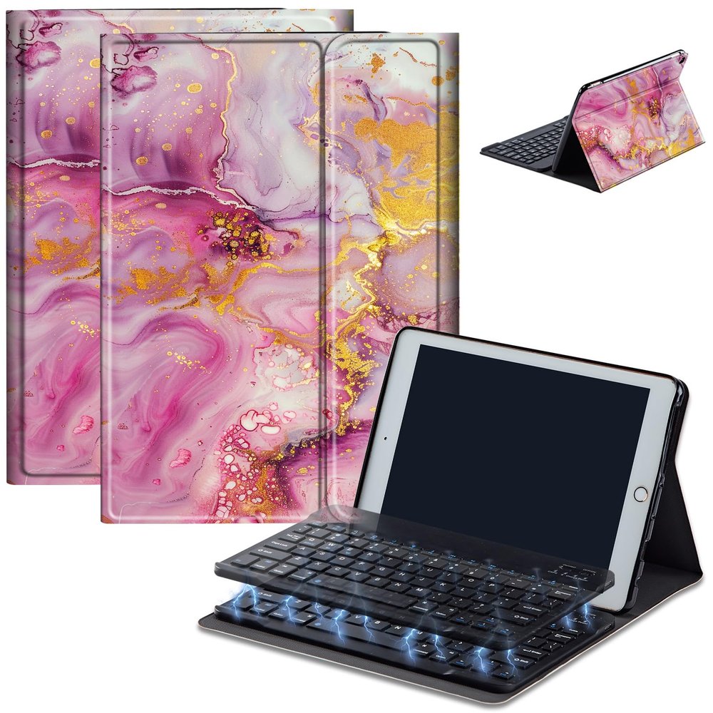 Bluetooth Keyboard Case for Fire HD 10 (13th/11th Gen, 2023/2021), Detachable Wireless Keyboard Cover with Stand, PU Leather Protective Case for Fire HD 10 Tablet 10.1 Inch, Pink Gold Marble