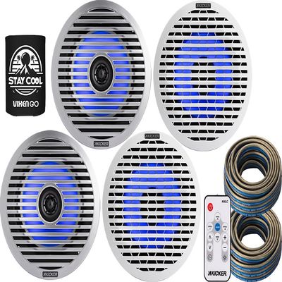KICKER Speakers and Remote Package of 5 Items - 6.5" KM Series LED Marine Speakers for Boat with White and Silver Grilles, Remote Control and Speaker Wire(40FT)4-ohm-2x 51KM614FL, 41KMLC & 2x 46QW1220
