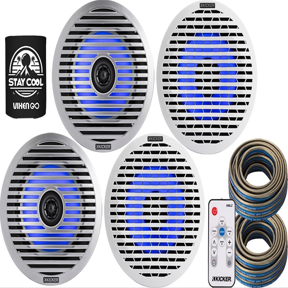 KICKER Speakers and Remote Package of 5 Items - 6.5" KM Series LED Marine Speakers for Boat with White and Silver Grilles, Remote Control and Speaker Wire(40FT)4-ohm-2x 51KM614FL, 41KMLC & 2x 46QW1220