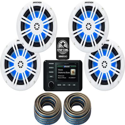 KICKER Marine Receiver and Speakers Package of 5 Items - in-Dash KM Series Digital Media Receiver, Four 6.5" 2-Way LED Speakers & 12AWG Speaker Wire 40FT-Stereo Kit-51KMC4, 2X 51KM604WL & 2X 46QW1220