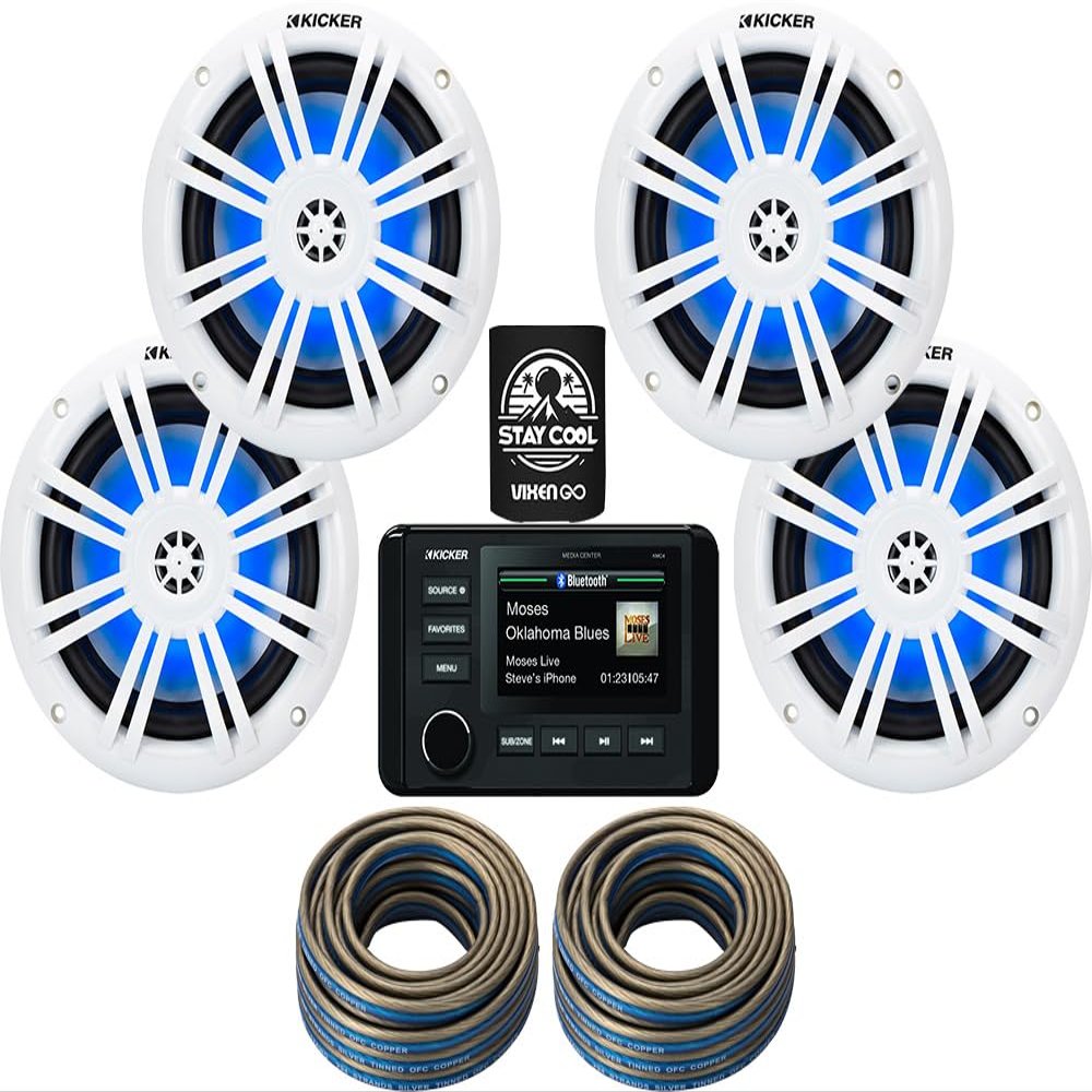 KICKER Marine Receiver and Speakers Package of 5 Items - in-Dash KM Series Digital Media Receiver, Four 6.5" 2-Way LED Speakers & 12AWG Speaker Wire 40FT-Stereo Kit-51KMC4, 2X 51KM604WL & 2X 46QW1220