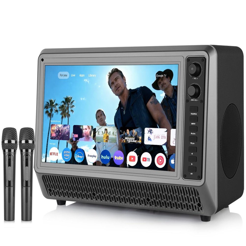 Feihe 15.6 Smart TV Built-in Bluetooth Speaker System - 200W Peak Power, Wireless Karaoke Microphones, 1080P HD LED Television with HDMI/USB/AUX for Home Entertainment & Camping