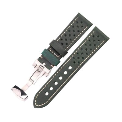 FYXT Genuine Leather Breathable Watch Strap For Men Women 5 Colors 20mm 22mm 24mm Watchband Deployment Clasp For Smart Watches(Dark Green,24MM_1)