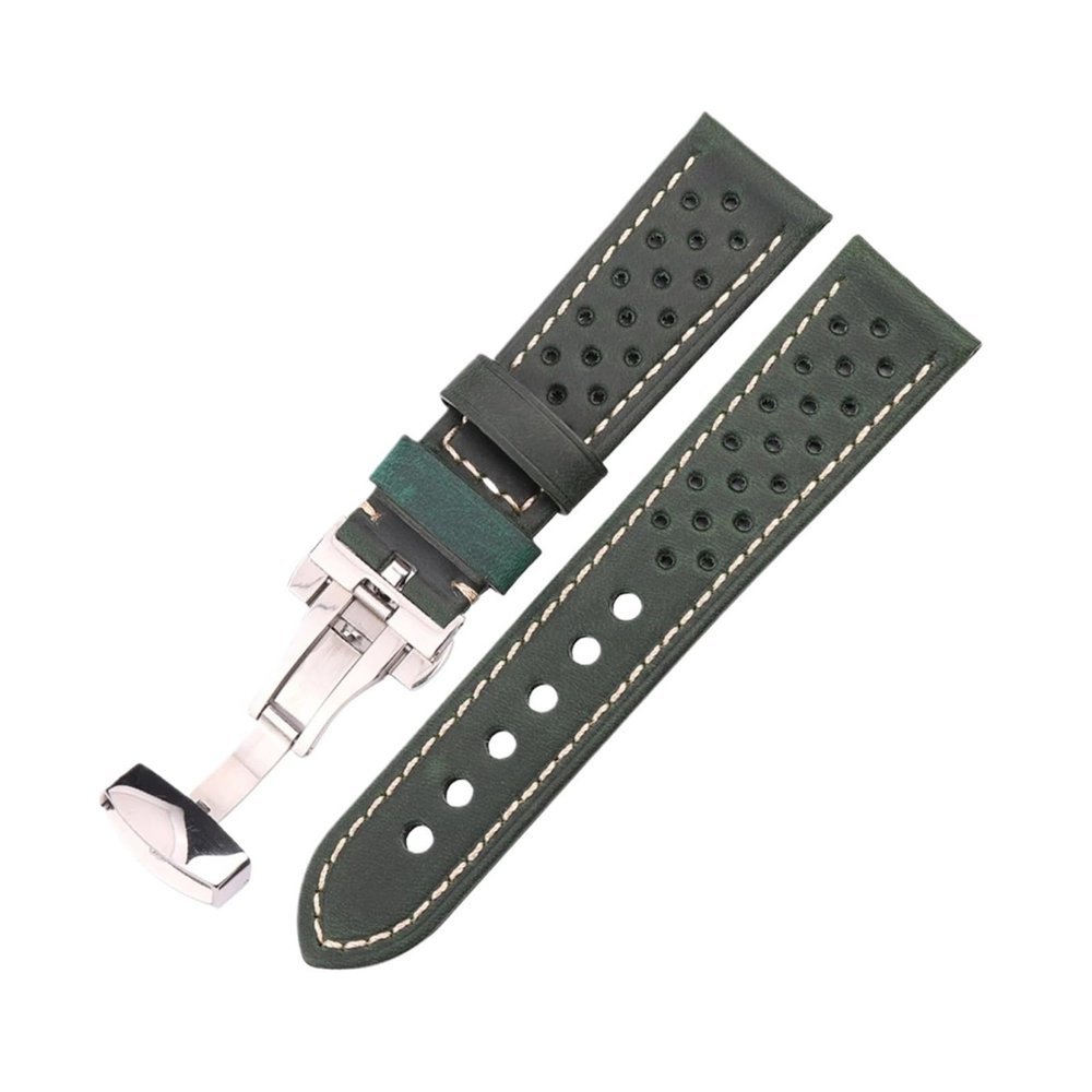 FYXT Genuine Leather Breathable Watch Strap For Men Women 5 Colors 20mm 22mm 24mm Watchband Deployment Clasp For Smart Watches(Dark Green,24MM_1)