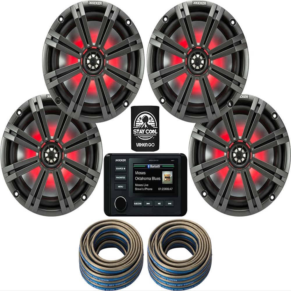 KICKER Marine Receiver and Speakers Package of 5 Items - in-Dash KM Series Digital Media Receiver, Four 8" 2-Way LED Speakers & 12AWG Speaker Wire 40FT-Stereo Kit-51KMC4, 2X 45KM84L & 2X 46QW1220