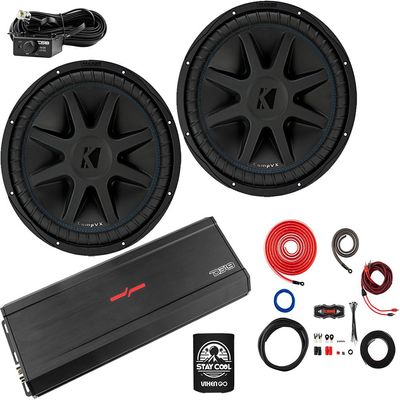 KICKER Subwoofers and Amp Package of 4 Items - 15" CompVX 2000 Watt Subs, DS18 Class D Monoblock Amplifier, and Complete 0AWG Wiring Kit 50CVX154(2)+ZXI.1XXL+AMPKIT0