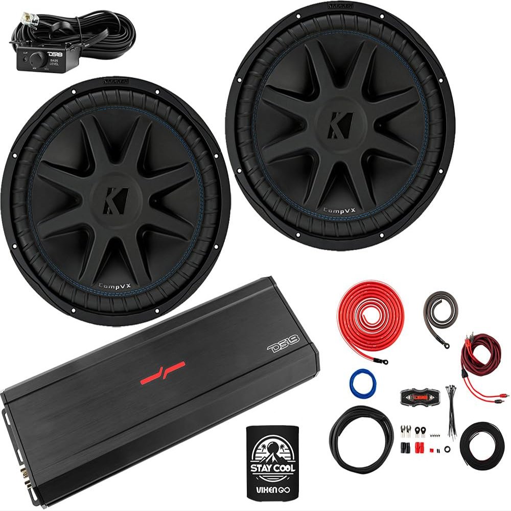 KICKER Subwoofers and Amp Package of 4 Items - 15" CompVX 2000 Watt Subs, DS18 Class D Monoblock Amplifier, and Complete 0AWG Wiring Kit 50CVX154(2)+ZXI.1XXL+AMPKIT0