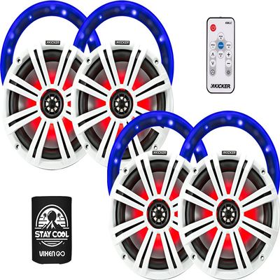 KICKER 6.5" Marine Speakers (2 Pairs) OEM Replacement Coaxial Speakers for Boat with White and Charcoal Grilles, LED Lights, LED Speaker Rings and Remote Control 45KM654L(2)+50KLSR65(2)+41KMLC
